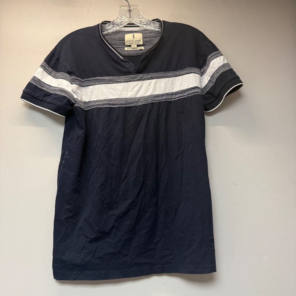 Scott James T-Shirt Mens Small Navy Blue Excellent Striped Notched V-Neck Tee